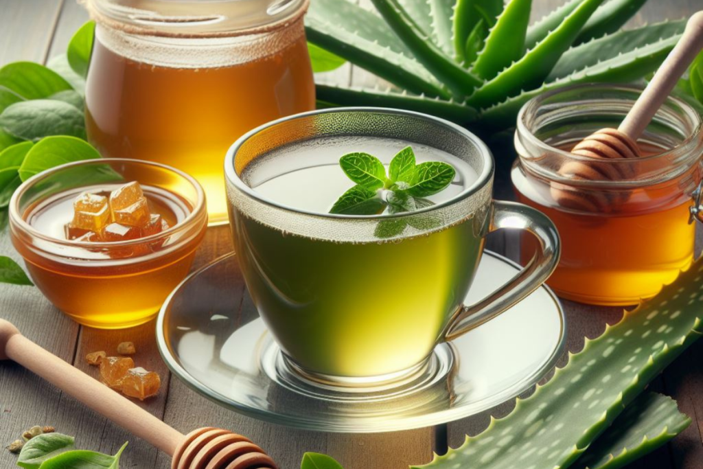 Grüner Tee in Glastasse, daneben Blätter von grünem Tee, Aloe Vera und Honig