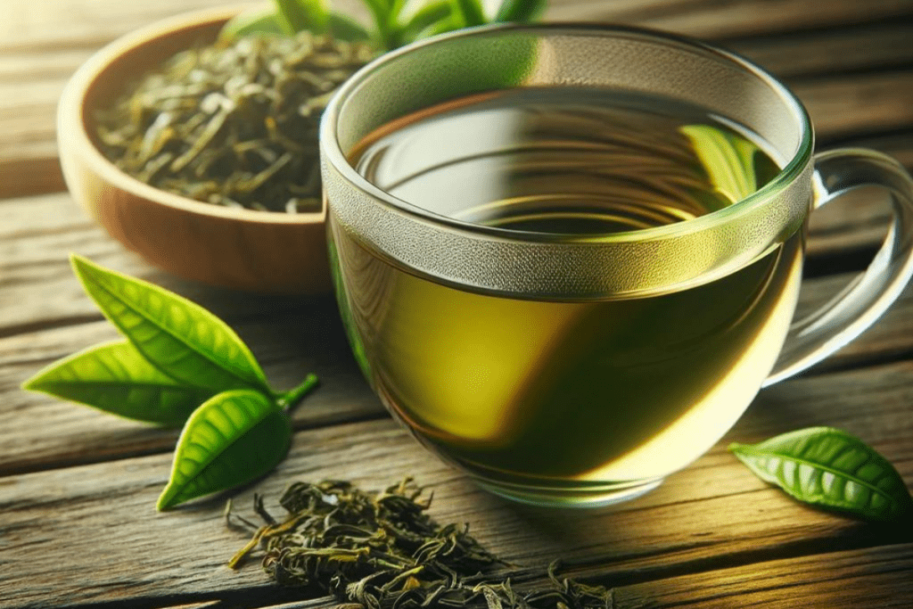 Grüner Tee in einer Glastasse, daneben Blätter von grünem Tee