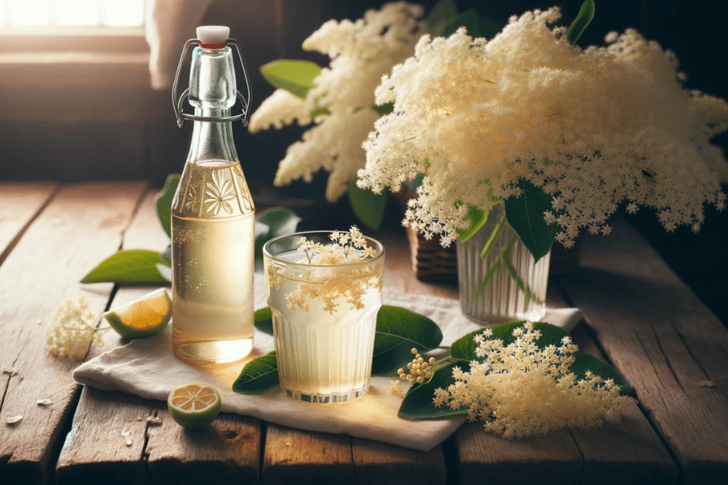 Holunderblütensirup in einer Flasche, daneben ein Glas Holunderblüten Limonade und Holunderblüten