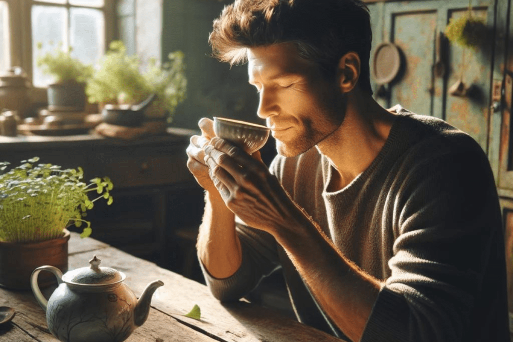 Ein Mann trinkt Ginkgo Biloba Tee