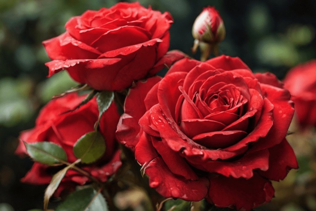 Rote Rosen in der Natur als Nahaufnahme