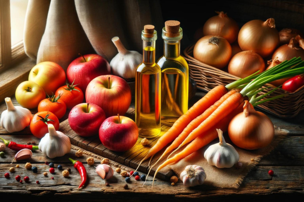 Äpfel, Karotten, Knoblauch und Zwiebeln, daneben Walnussöl und Rapsöl gegen Besenreiser auf einem Holztisch