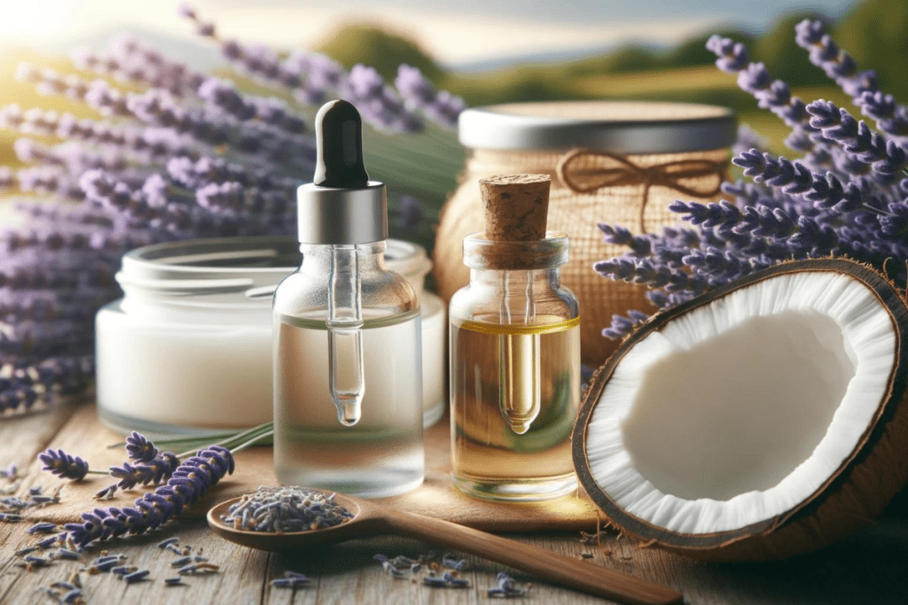 Ätherisches Lavendelöl in Tropfflasche, daneben Kokosöl und Lavendelblüten