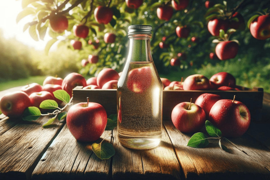 Apfelessig in einer Glasflasche, im Hintergrund ein Apfelbaum