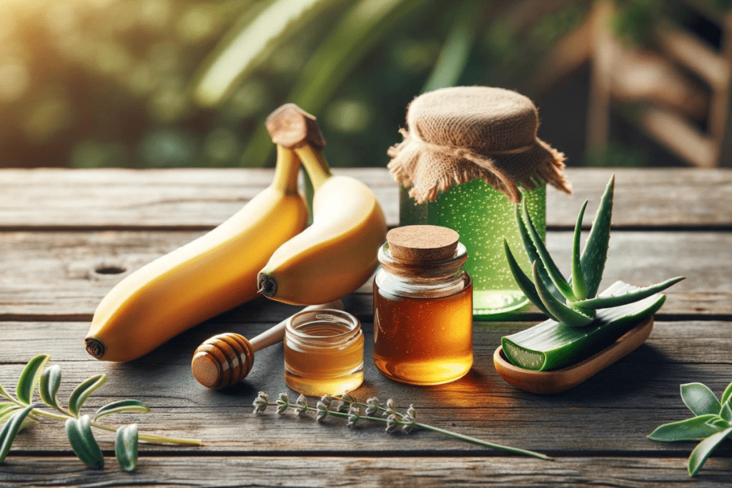 Banane. Honig, Aloe Vera Gel und ätherisches Lavendelöl gegen NArben auf einem Holztisch