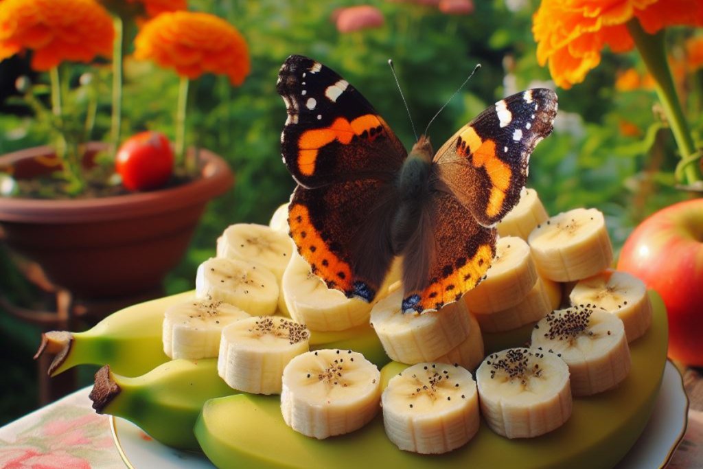 Bananenstücke auf einem Teller im Garten, daneben ein europäischer Schmetterling