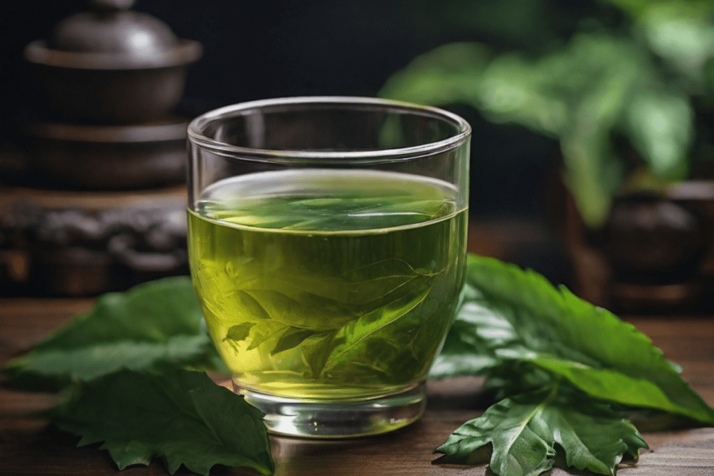 Ein Jiaogulan Tee in einer Glastasse, daneben Blätter von Jiaogulan