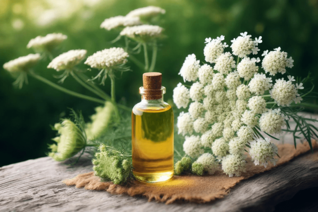 Eine Flasche Öl der Wilden Karotte Daucus carota subsp. carota), im Hintergrund eine Pflanze der Daucus carota subsp. carota