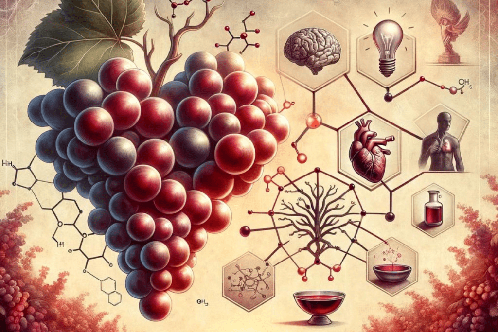 Rote Trauben und Resveratrol, daneben angedeutet als bildliche Darstellung Herzgesundheit, Anti-Aging und Verbesserung der kognitiven Funktion