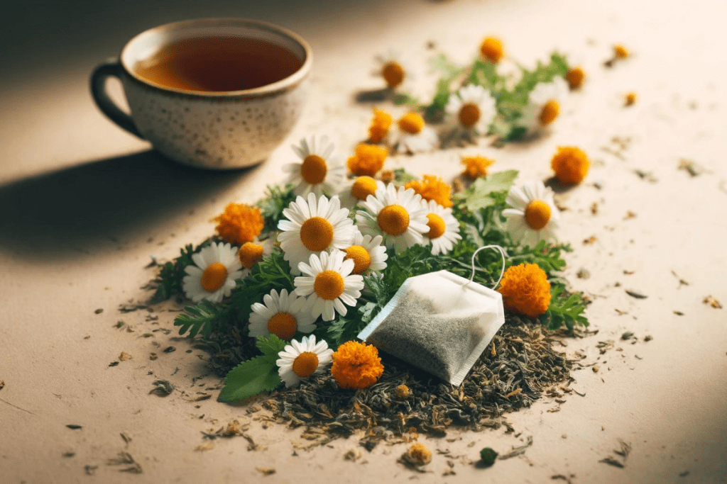 Teebeutel, daneben Blüten von Kamille und Ringelblumen