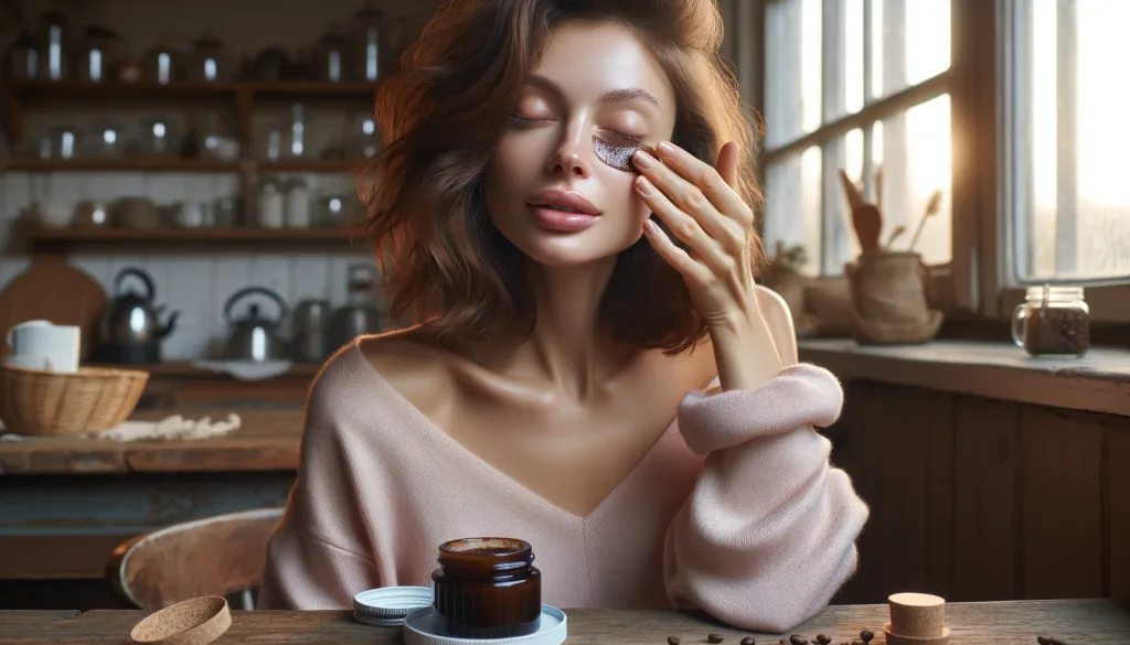 Eine europäische Frau verwendet eine CIY Kaffee Creme gegen Augenringe 
