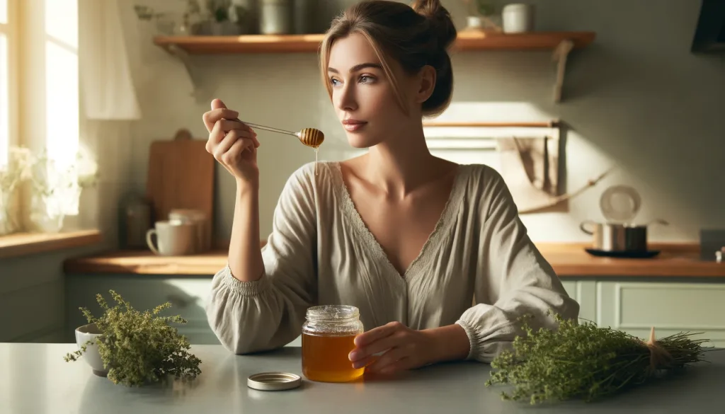 Frau isst einen Löffel Honig, davor auf einem Tisch ein Glas Honig und Thymian Zweige