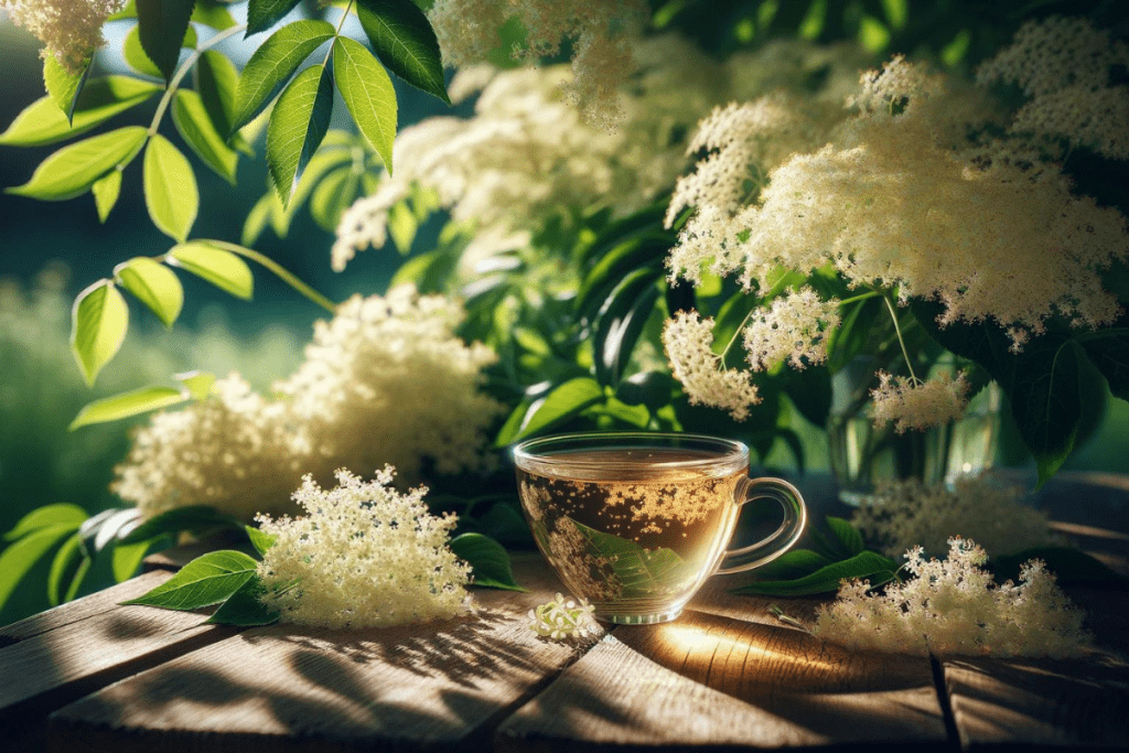 Ein Holunderblüten Tee in einer Glastasse, im Hintergrund ein Holunderbusch mit Blüten