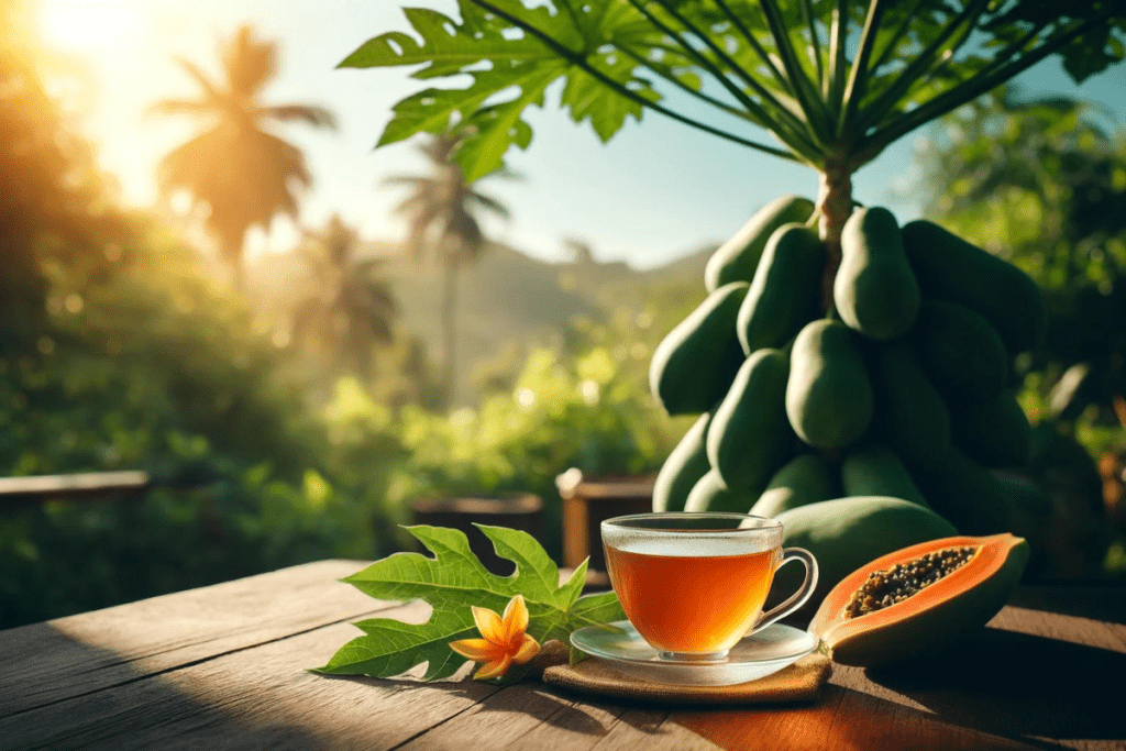 Ein Tee in Glastasse, daneben Papayablätter und im Hintergrund ein Papayabaum