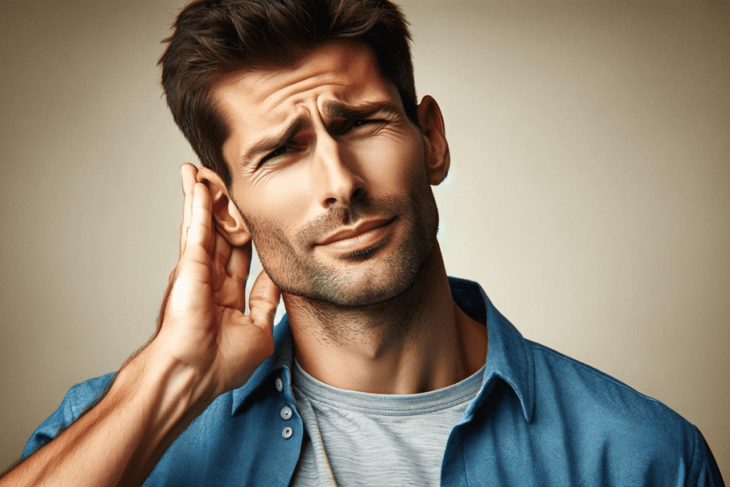 Ein europäischer Mann hält sich sein Ohr, hat Ohrenschmerzen


