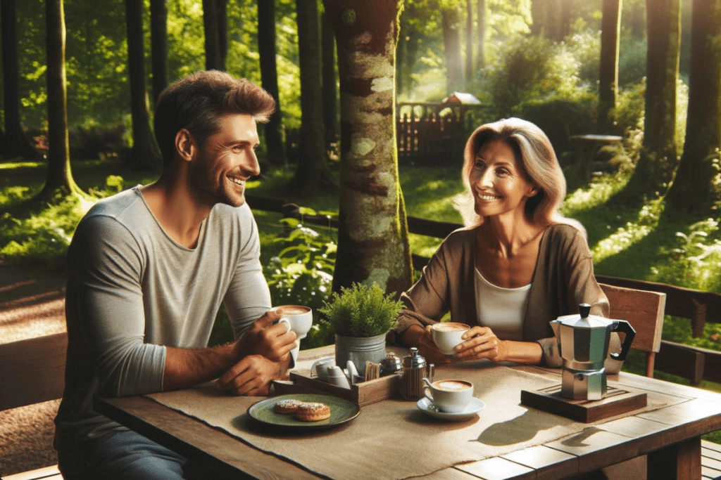 Ein europäisches Paar trinkt Kaffee an einem Tisch in der Natur
