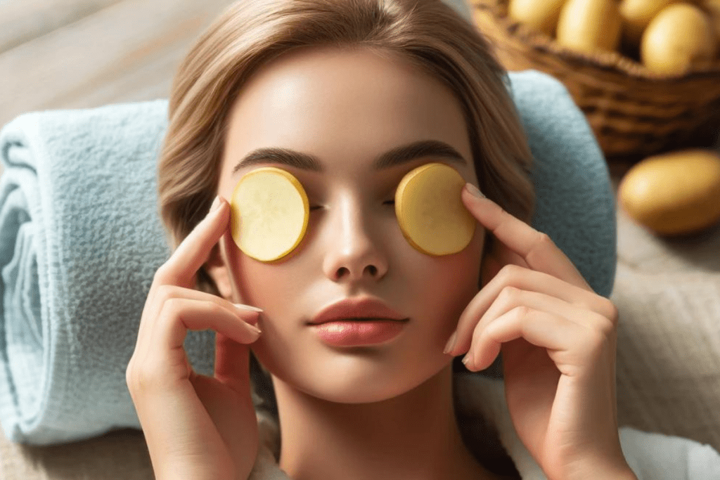Frau legt sich Kartoffelhälfen auf die Augen gegen Augenringe