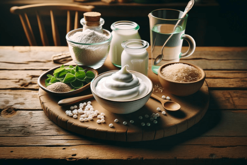 Gelatinepulver, Joghurt, Rosenwasser und grüner Tee auf einem Holztisch