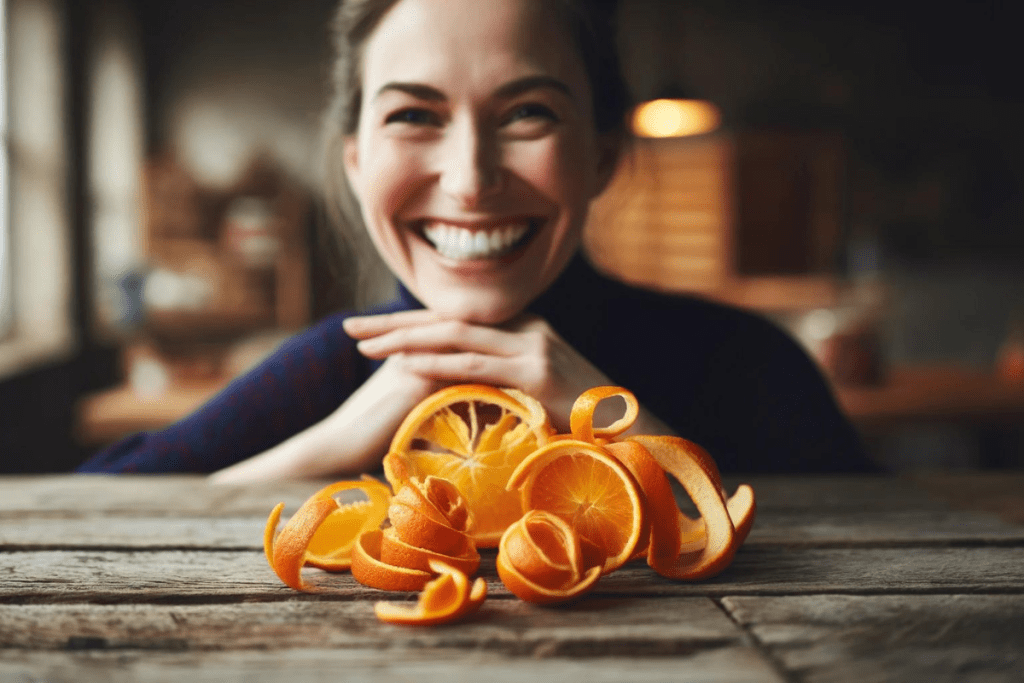 Orangeschalen auf einem Tisch, im Hintergrund eine europäische Frau mit strahlend weißen Zähnen

