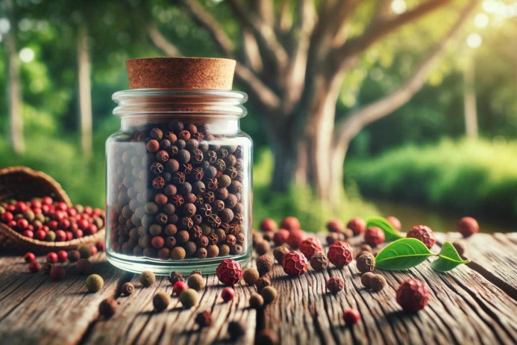 Piment Beeren in einer Glasdose auf einem Holztisch, daneben frische, rote Piment Beeren und im Hintergrund ein Piment Baum in der Natur