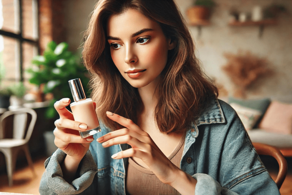 Eine Frau schaut sich die Inhaltsstoffe einer Flasche Nagellack an