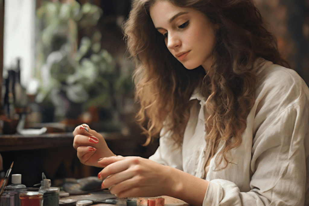 Eine Frau lackiert sich die Fingernägel mit Nagellack