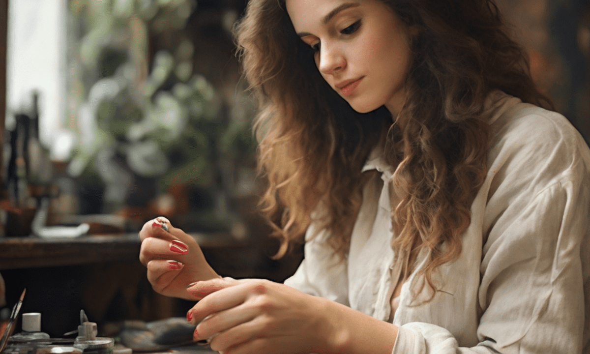 Eine Frau lackiert sich die Fingernägel mit Nagellack