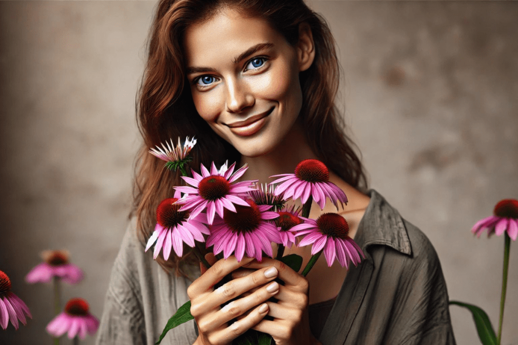 rau hält Echinacea in den Händen