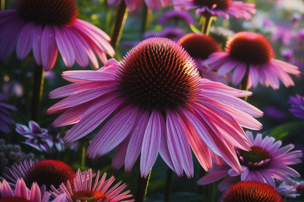 Violette und rosa Echinacea Blüten im Garten