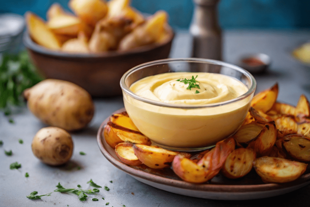 Dips: Aioli in einer schönen Glasschale, daneben würzige Kartoffelecken