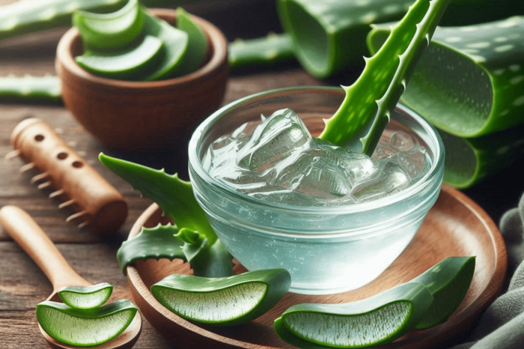 Aloe Vera Blätter, daneben Aloe Vera Gel in einer Glasschale auf einem Holztisch