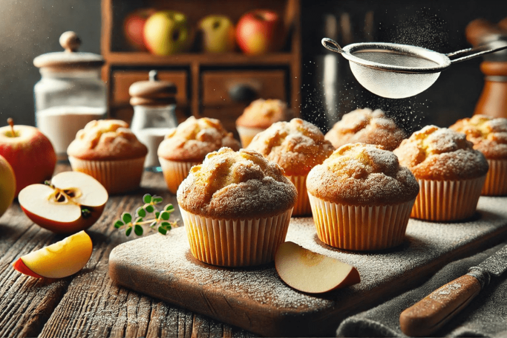 Apfel Muffins, bestreut mit Puderzucker