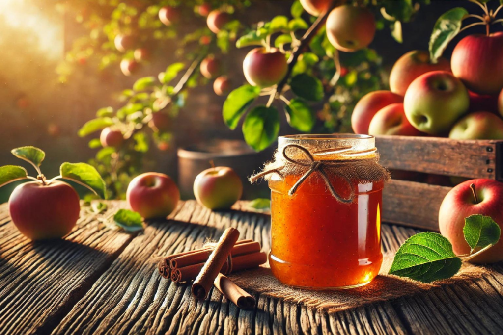 Apfelmarmelade mit Zimt auf einem Holztisch, im Hintergrund ein Apfelbaum