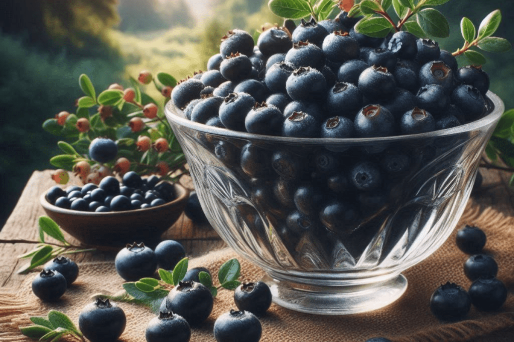 Baubeeren in einer Glasschale, im Hintergrund ein Blaubeerstrauch in der Natur