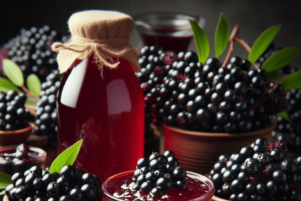 Beeren von Sambucus nigra, daneben eine Flasche Saft und Holunderbeeren Gelee in einem Glas