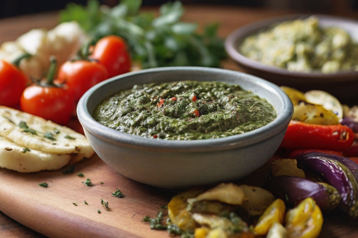 Chimichurri Dip, daneben Grillgemüse auf einem Holztisch