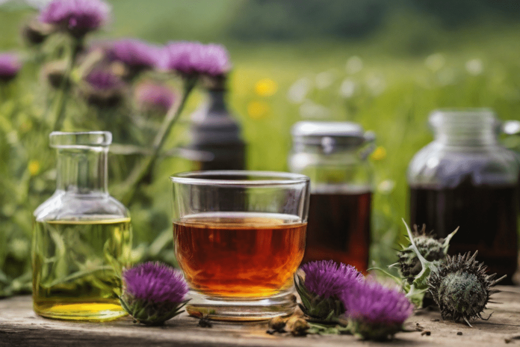 Ein Tee in einer Glastasse, daneben eine Tinktur und ein Öl in Glasflaschen, im Hintergrund Mariendisteln in der Natur