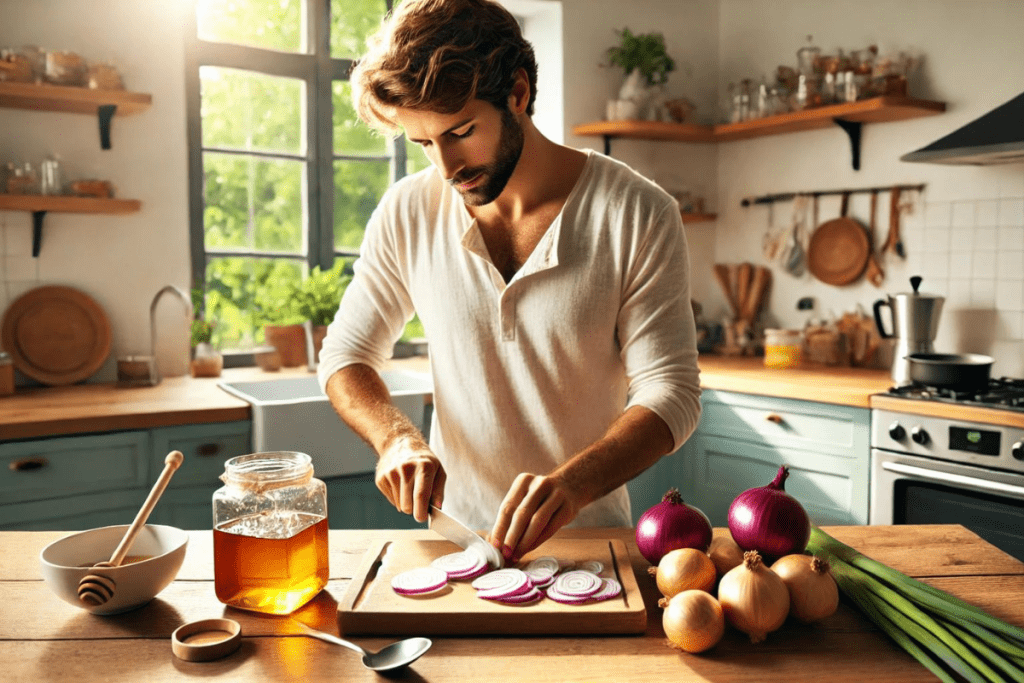 Ein europäischer Mann bereitet einen Sirup aus Zwiebeln und Honig gegen Husten zu