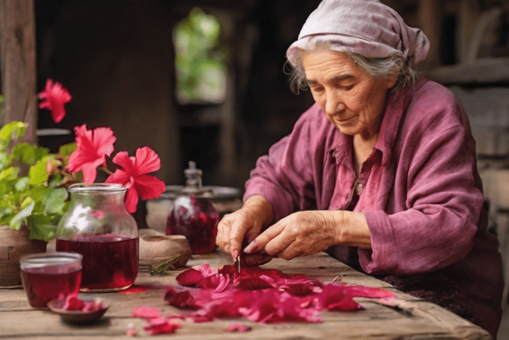 Eine alte Frau stellt ein Öl aus Hibiskusblüten an einem Holztisch her