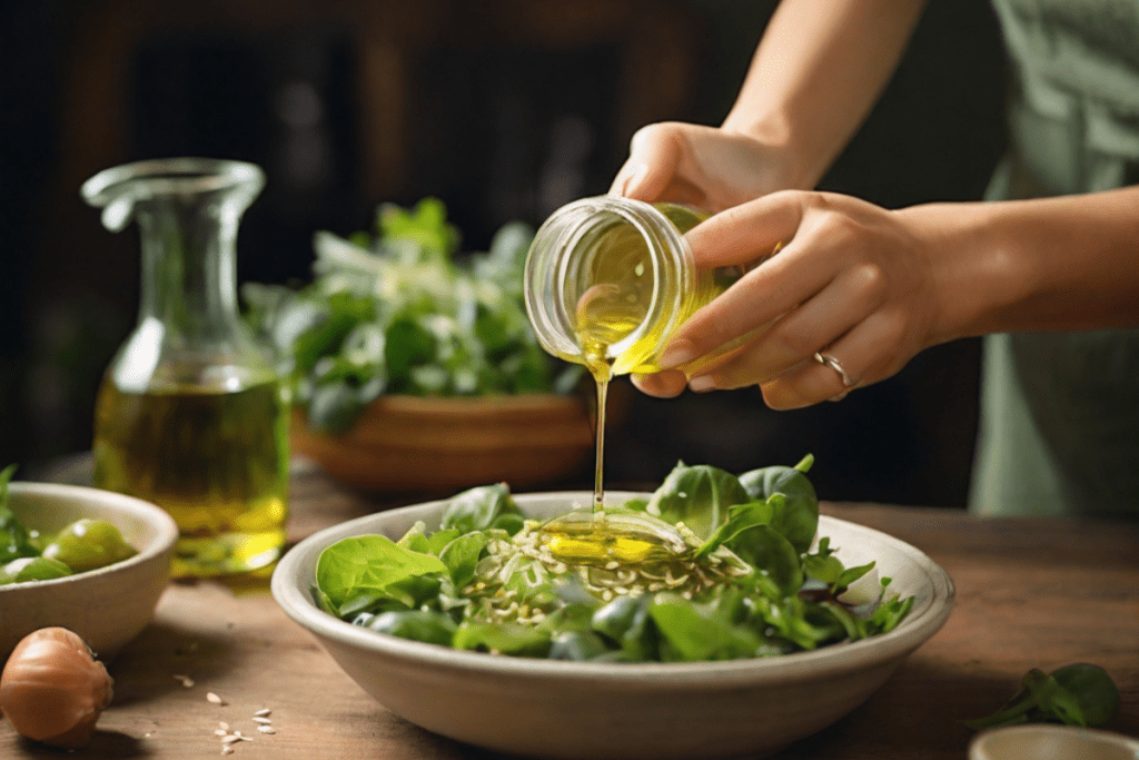 Eine europäische Frau gibt Sesamöl auf einen grünen Salat