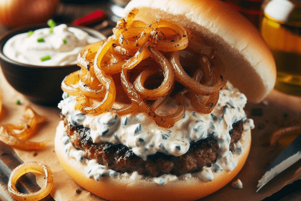 Frischkäse Dip mit karamellisierten Zwiebeln auf einem Burger