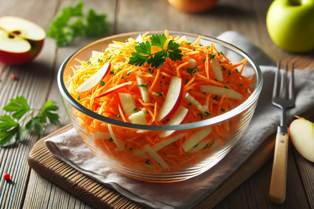 Geraspelte Äpfel und Möhren als Salat in einer Glasschale