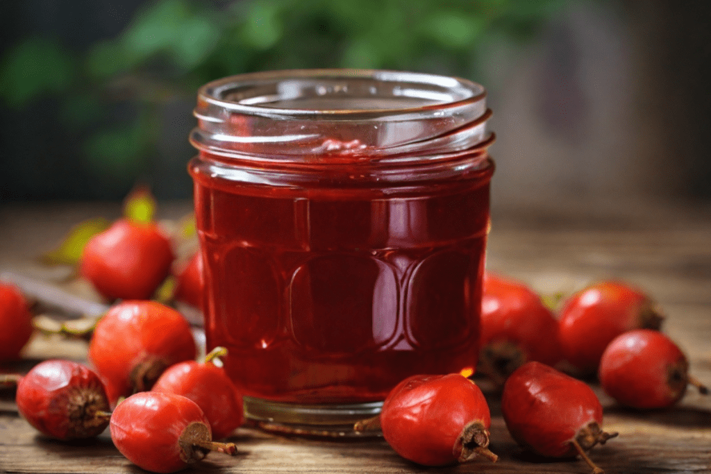 Hagebutten Marmelade in einem Glas, daneben frische Hagebutten auf einem Holztisch