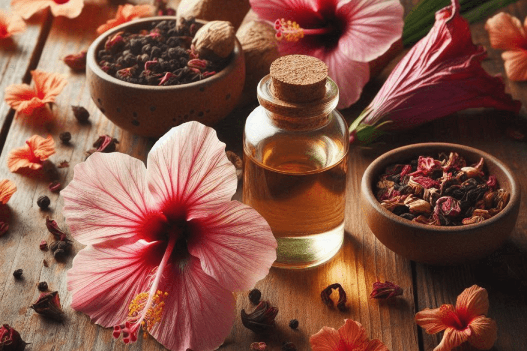 Hibiskus Öl und Hibiskus Gesichtswasser, daneben frische und getrocknete Hibiskusblüten auf einem Holztisch