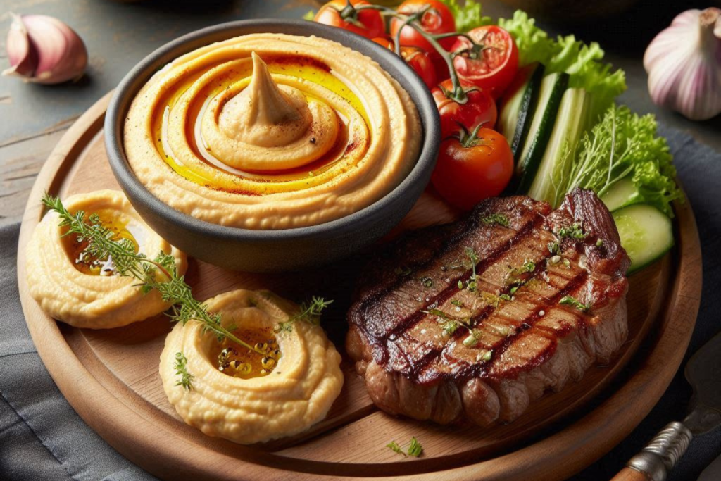 Dips: Hummus, daneben ein Steak auf einem Teller mit Garnitur