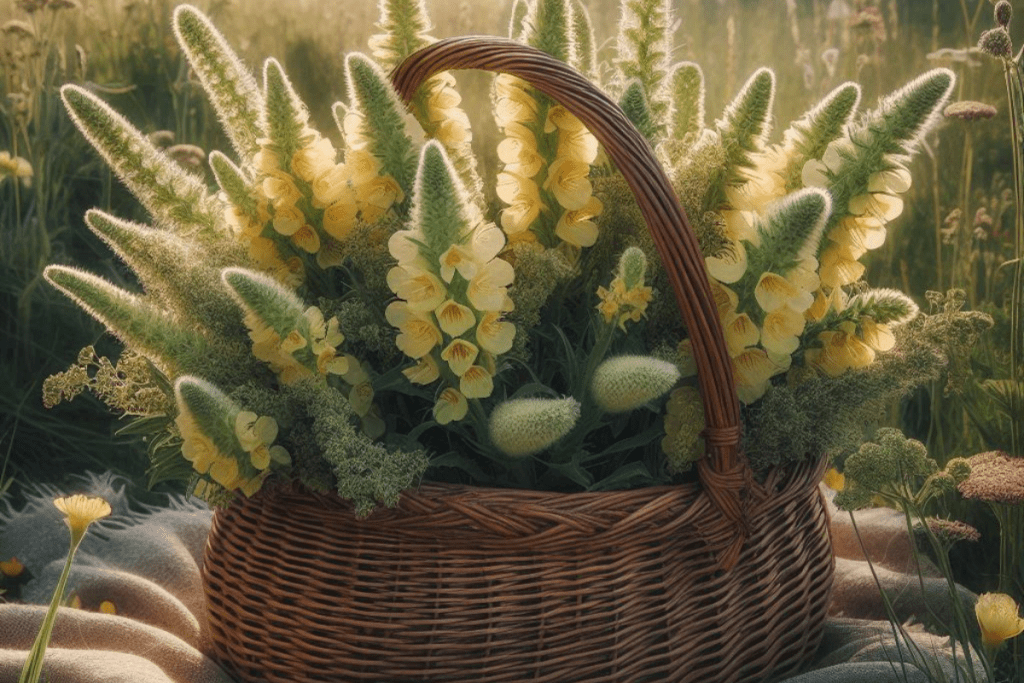 Königskerzen Blüten in einem großen Korb auf einer Wiese