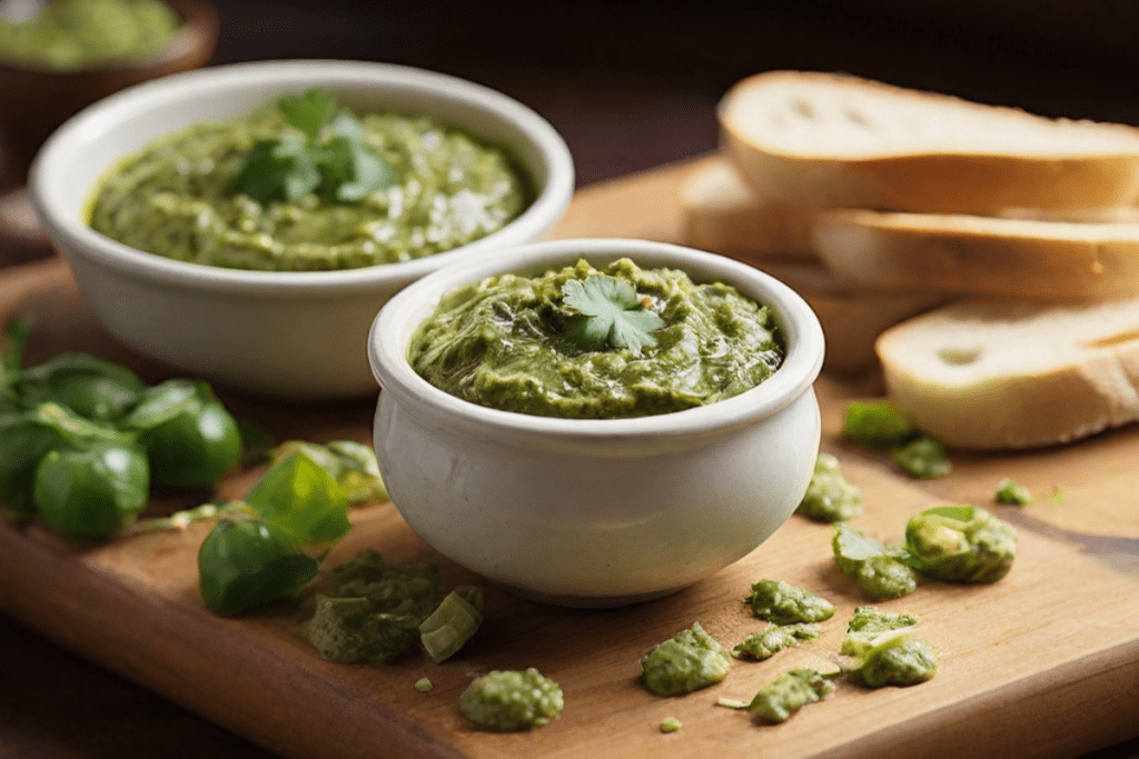 Mexikanische Salsa Verde als Aufstrich auf Baguettescheiben