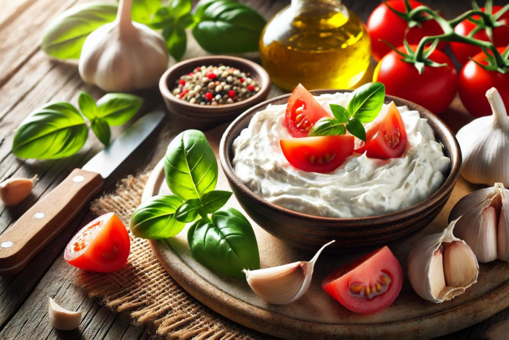 Tomaten-Mozzarella-Dip mit fein gewürfelten Mozzarella und getrockneten Tomatenstücken in einer Schale, daneben Basilikumblätter. Knoblauchzehen und Olivenöl auf einem Holztisch. 