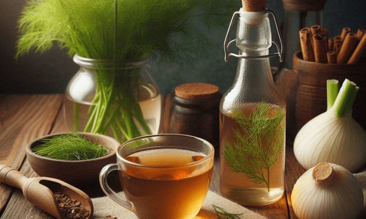 Ein Tee in einer Glastasse, daneben DIY hellen Sirup in einer Flasche mit Korken und daneben Zweige von frischem Fenchel auf einem Holztisch