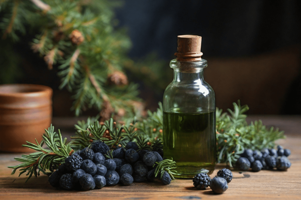 Eine DIY Tinktur von Wacholder auf einem Tisch, im Hintergrund frischer Wacholder mit Beeren